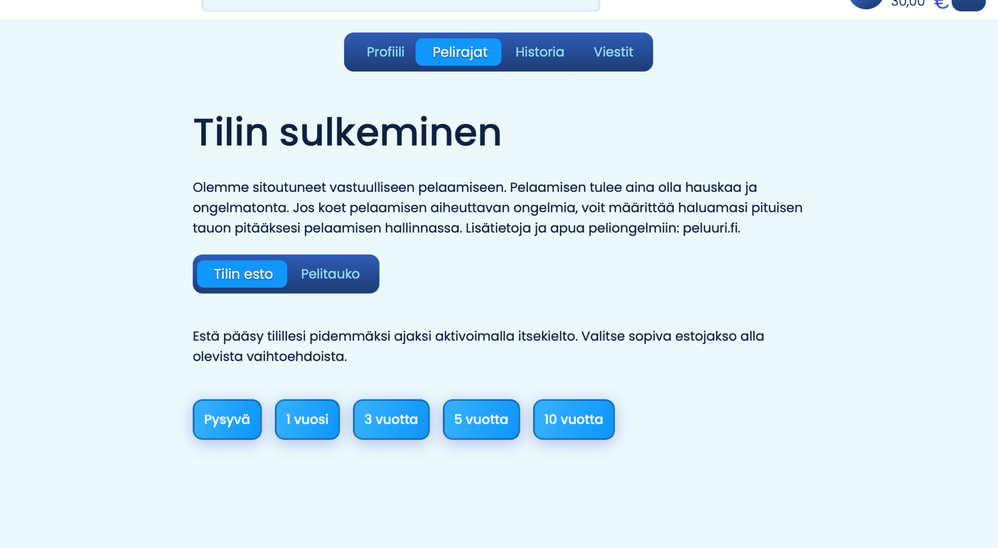 taikaspinni pelitilin sulkeminen